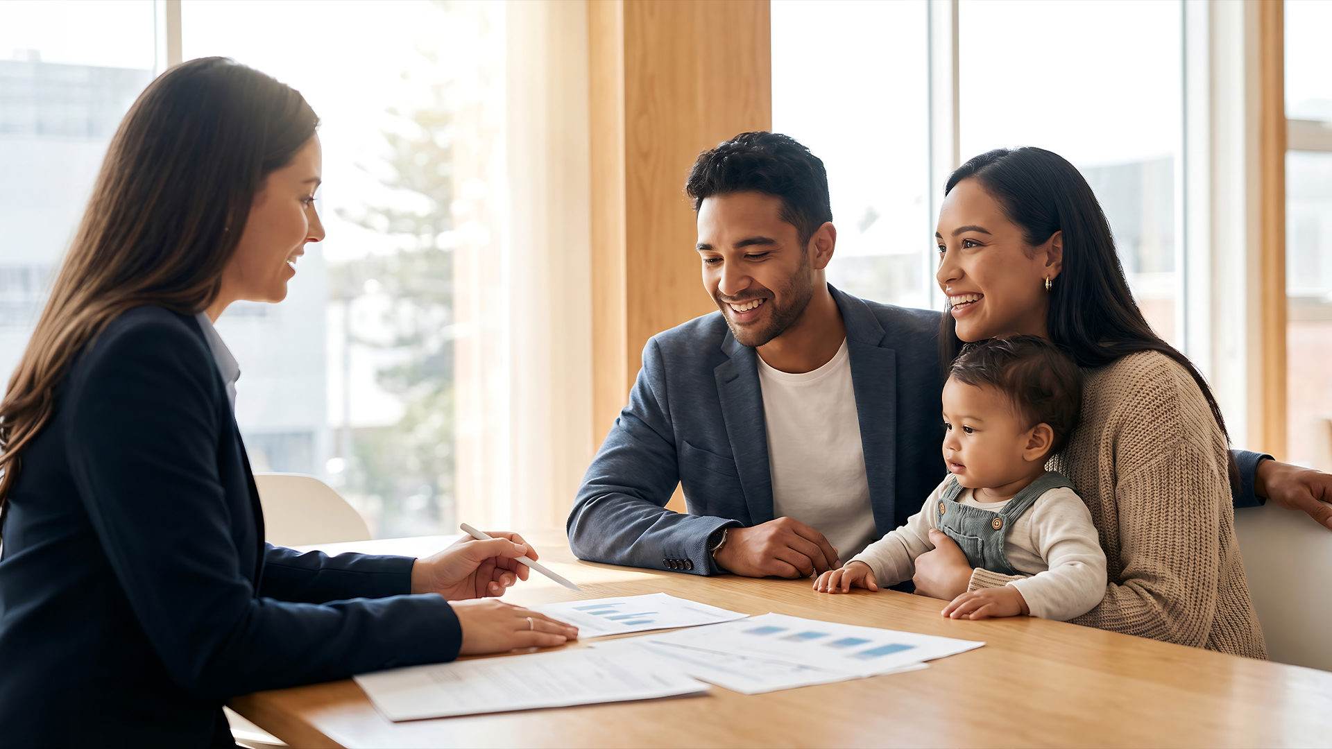 A young couple with their child sitting down with their financial advisor.