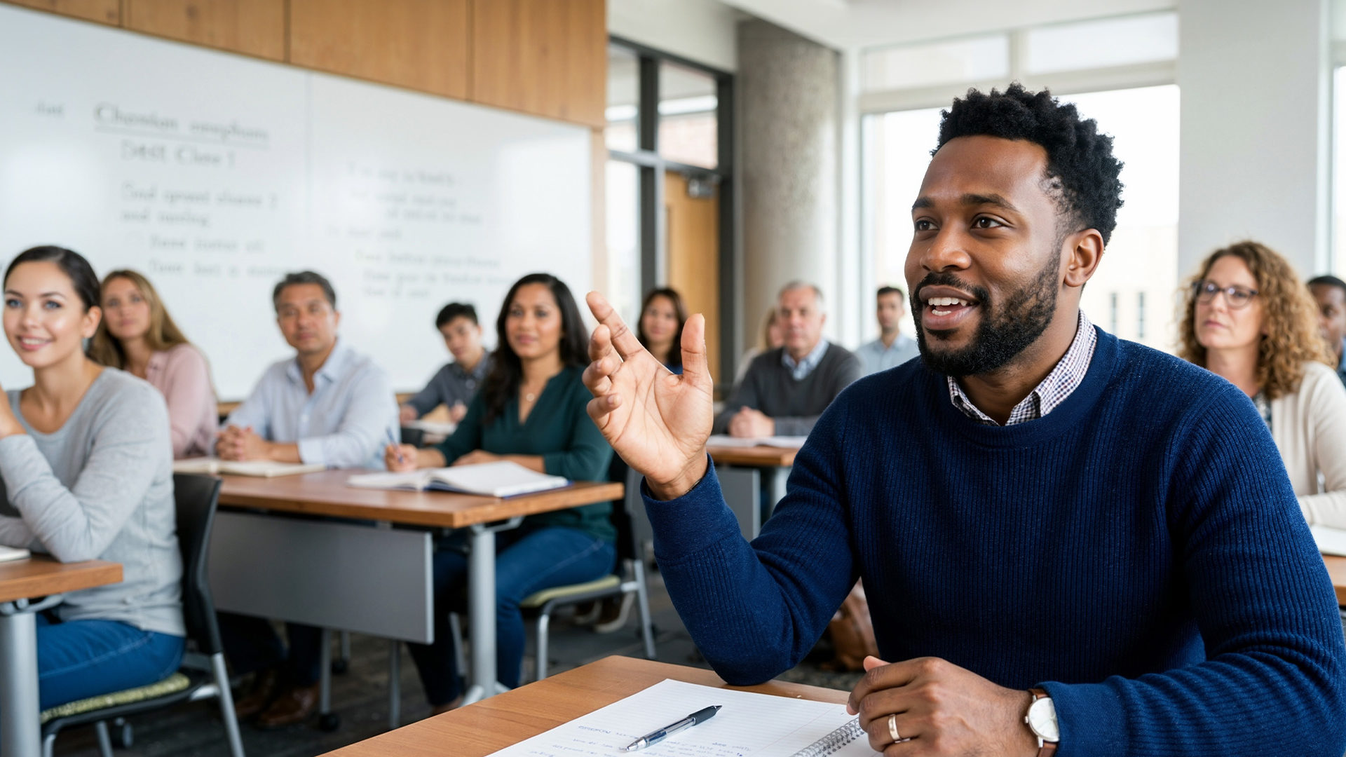 Male raising hand to ask a question in a class room.