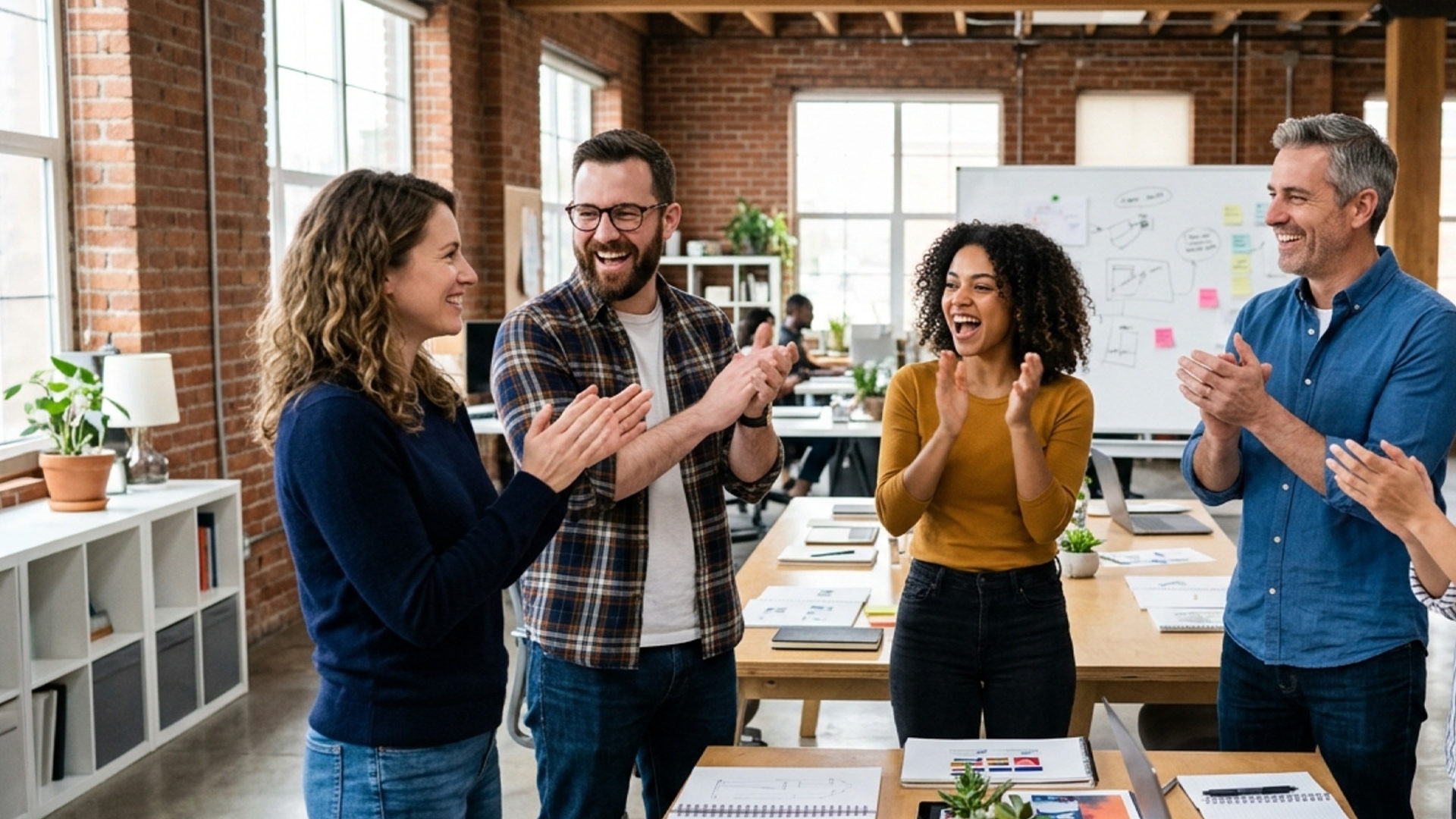 Team of co-workers smiling and clapping